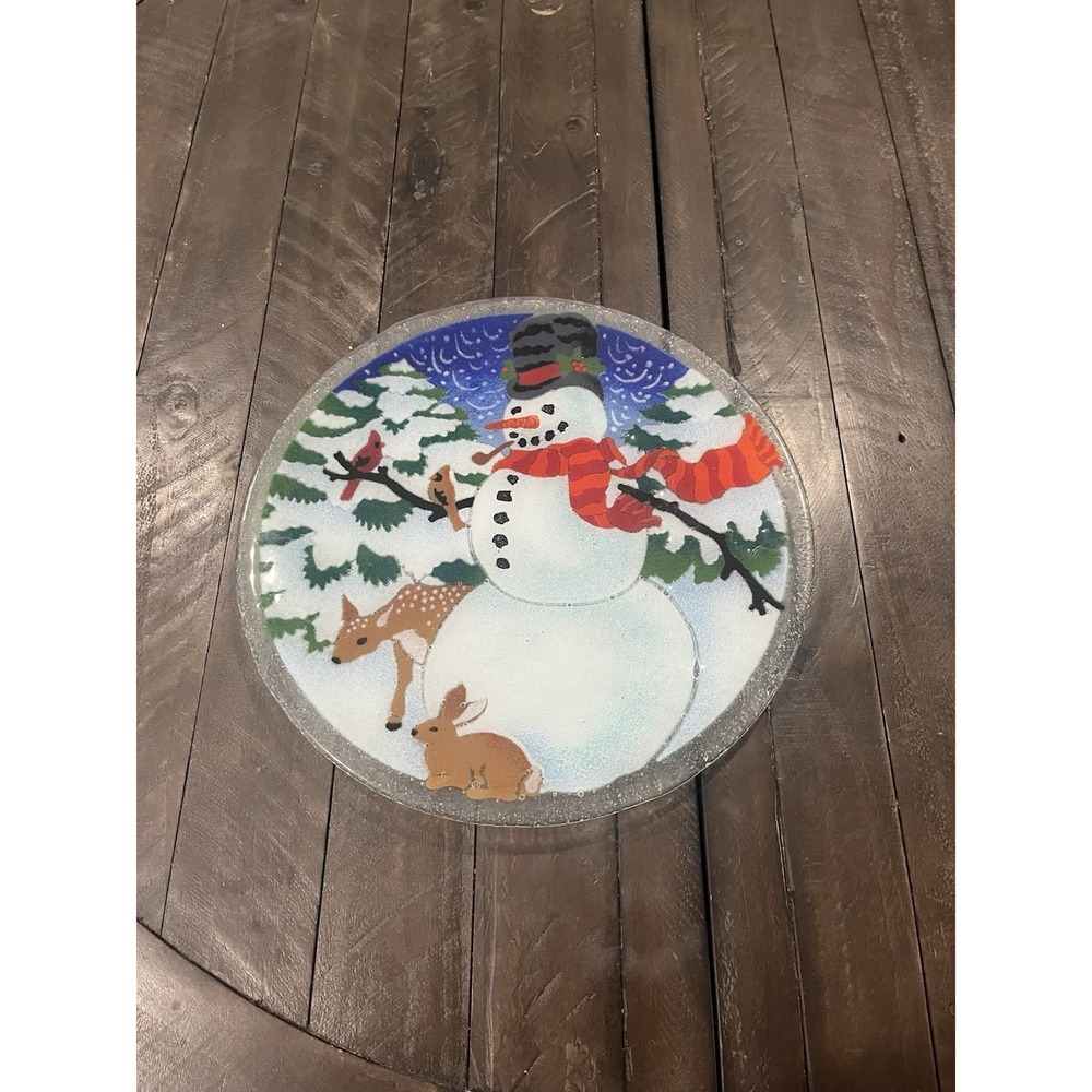 Peggy Karr Fused Glass Snowman w Birds‎ Deer & Bunny 13.5" Round Plate Platter